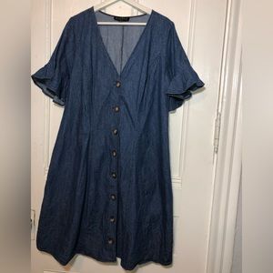 Eloquii Chambray Denim v-neck Button Front Ruffle Short Sleeve Dress